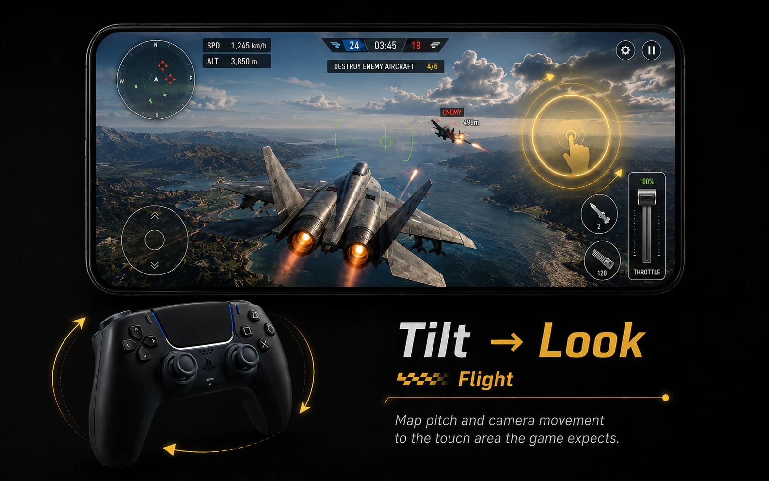 Flight game demonstrating controller motion mapped to touch control