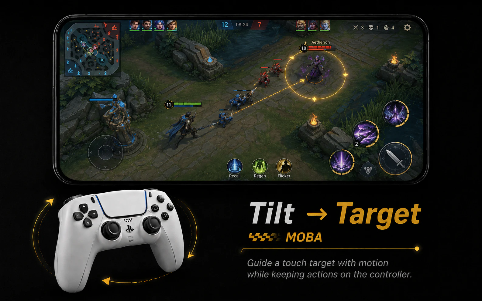 MOBA game demonstrating controller motion mapped to touch control