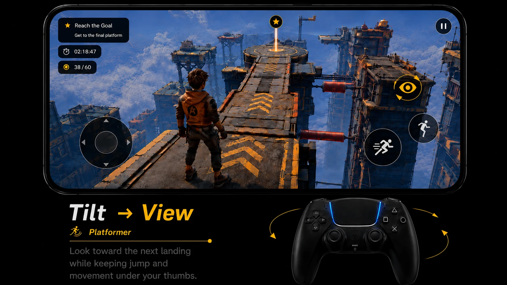 Platformer game demonstrating controller motion mapped to touch control