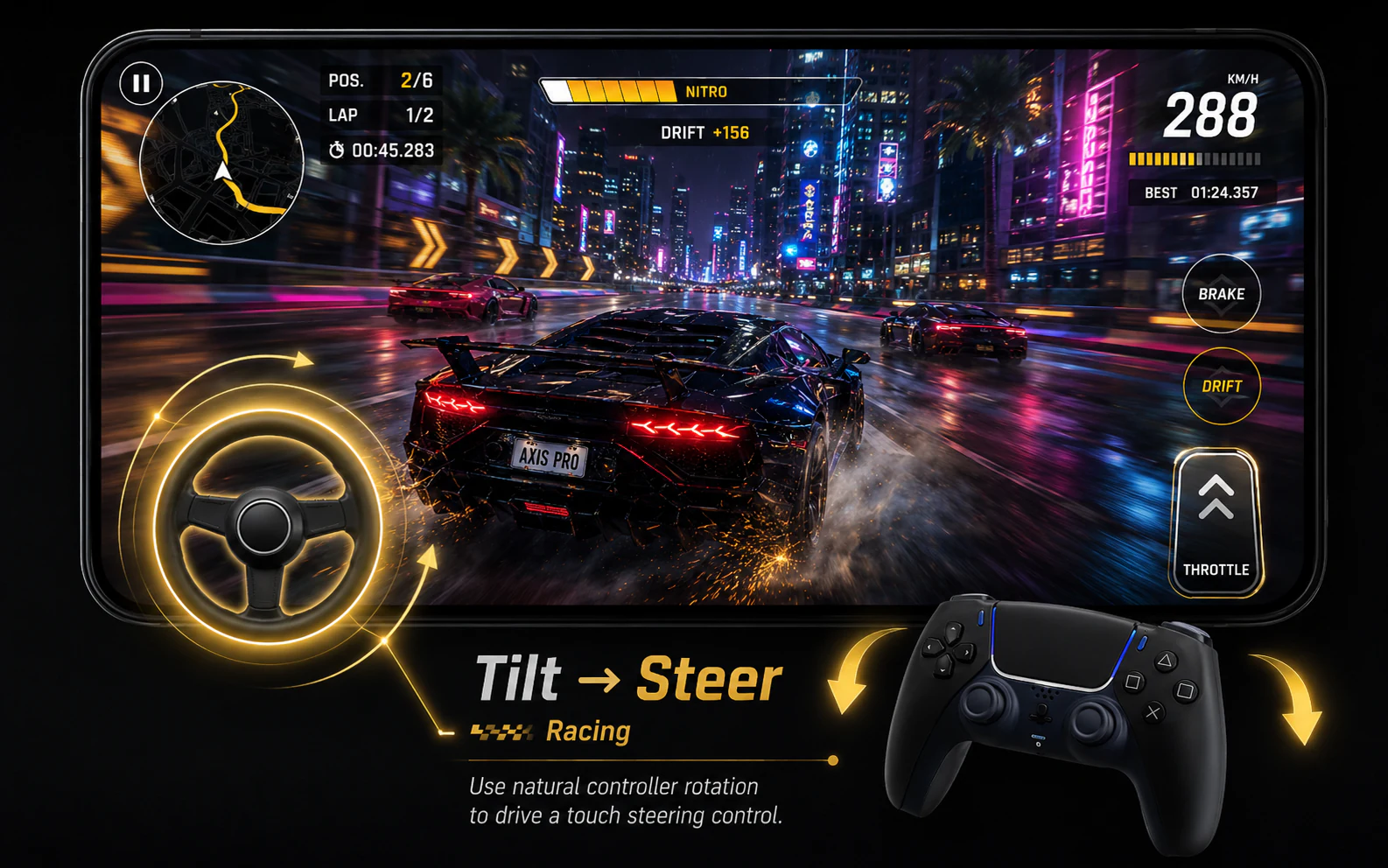 Racing game demonstrating controller motion mapped to touch control