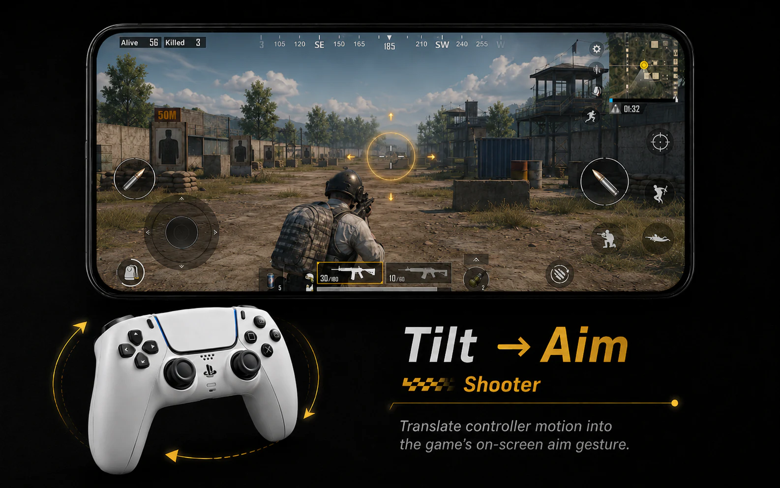 Shooter game demonstrating controller motion mapped to touch control